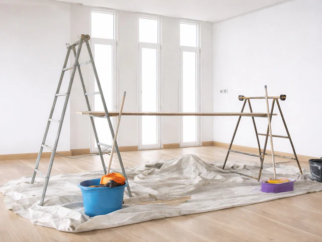 Lyst rom klargjort for maling med stige og malerutstyr