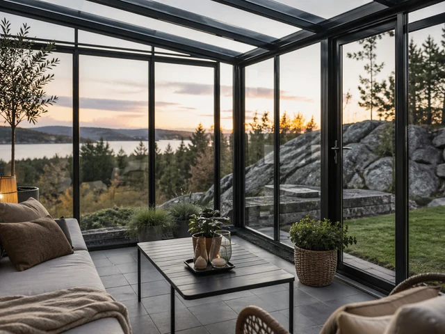 Vinterhage med glassvegger, sofa og utsikt mot skog