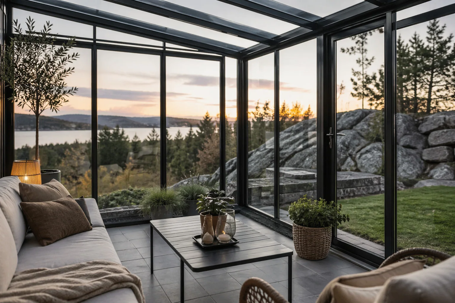 Vinterhage med glassvegger, sofa og utsikt mot skog